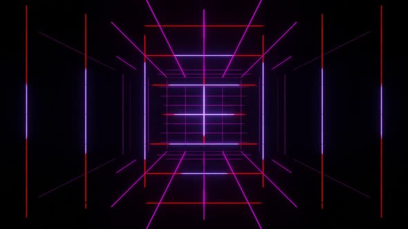 Endless futuristic space tunnel with neon lights. Multicolored motion graphics