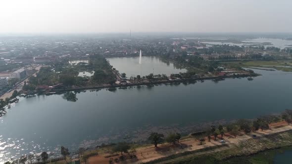 Aerial Footage of Sakonnakorn City View and Beautiful Nong Han Lake