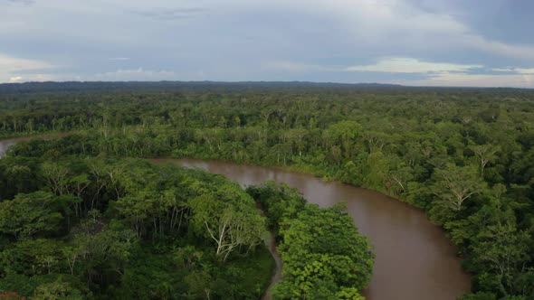 Aerial view of a broad tropical river with a brown coloration