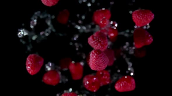 Raspberries with Water Bouncing on Black Background