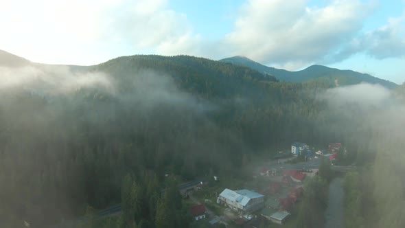 Flight Over a Mountain Resort Among the Coniferous Forest