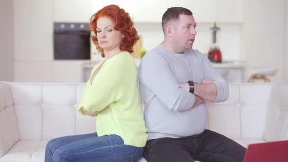 Argued Adult Couple Sitting Back to Back on Couch Thinking