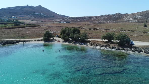 Piperi beach in Naoussa on Paros island in the Cyclades in Greece aerial view