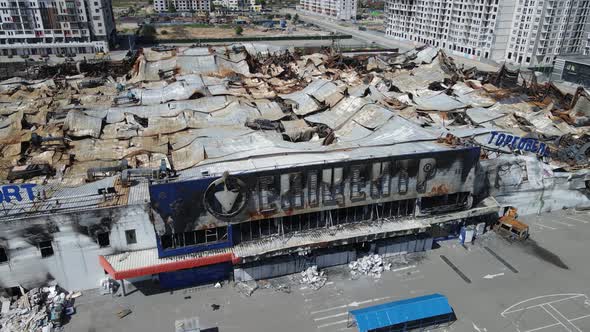 Wartorn Building of a Shopping Center in Bucha Ukraine