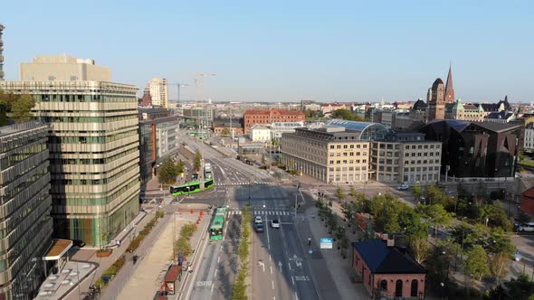 Drone view of Malmö, Sweden, between central station and västra hamnen, nice summer day