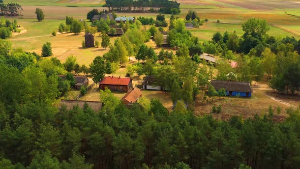 Maurzyce wooden architecture heritage park, antique building in open air museum. Aerial Lowicz, Poln