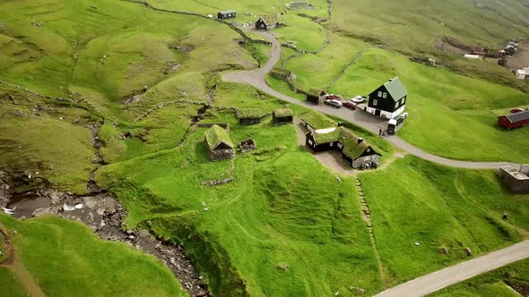 Aerial View of Saksun Village Faroe Islands