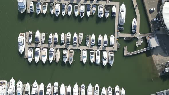 San Souci Boathouse. Beautiful aerial top down rows of boats parking near the wharf and port at the