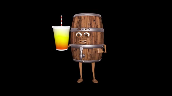 Cartoon Wooden Barrel Shows Drink Loop On Alpha Channel