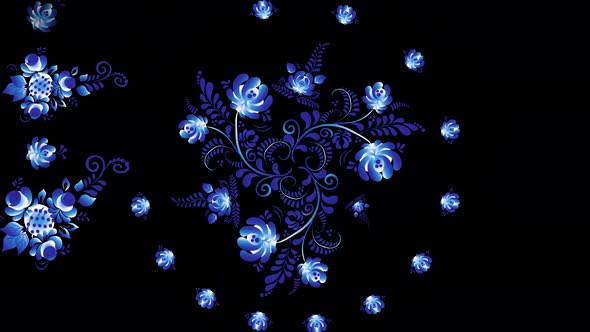 Traditional russian bright blue flowers on black background