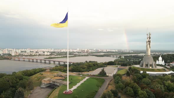 Kyiv - National Flag of Ukraine By Day. Aerial View. Kiev. Slow Motion