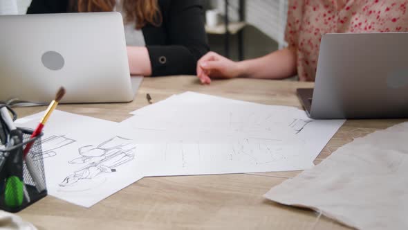 Young Business Woman Fashion Designers Using Laptop Computer Application Looking at Color Swatches