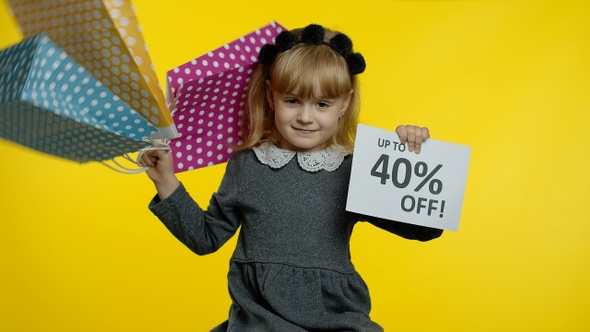 Pupil Girl with Shopping Bags Showing Up To 40 Percent Off Banner Text Advertisement. Holiday Sale