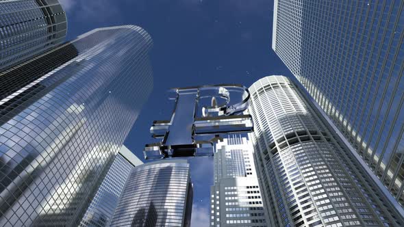 crystal ruble sign on the background of tall mirrored buildings and an airplane