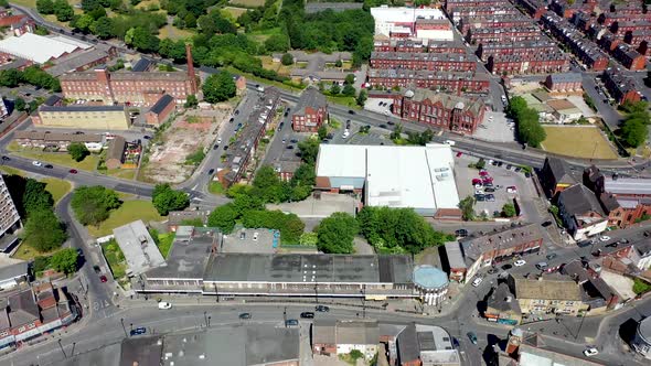 Aerial drone footage of the town centre of Armley in Leeds West Yorkshire on a bright summers day