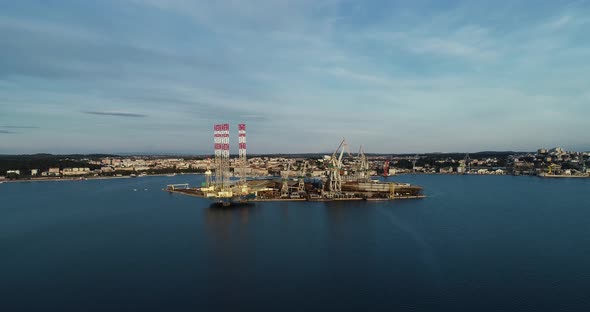 Aerial view of Pula harbour and a shipyard, Pula, Istria, Croatia.