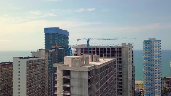 Construction of multi-storey residential building. Aerial photography. Batumi,