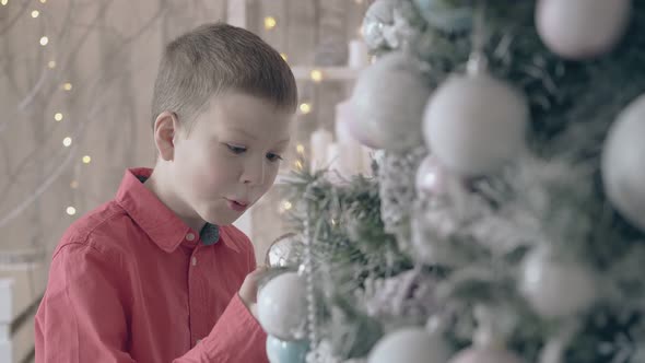 Schoolboy Enjoys Watching Reflection in Christmas Tree Toy