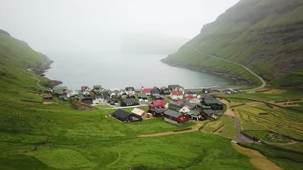 Aerial View of Tjornuvik Village Faroe Islands