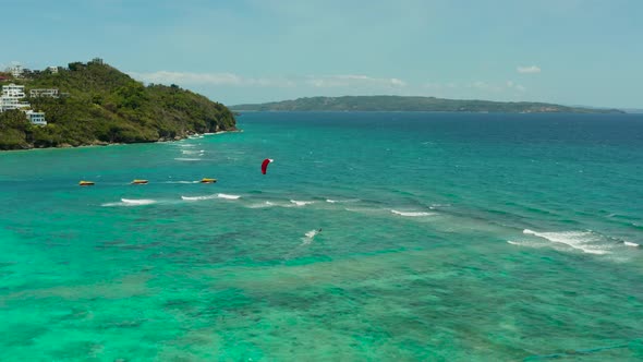 Kitesurfers on Bulabog Beach Boracay Island Philippines