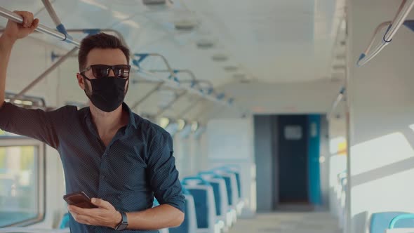Passenger In Transport Train On Face Mask.New Normal Lockdown Covid19 Coronavirus Quarantine Virus