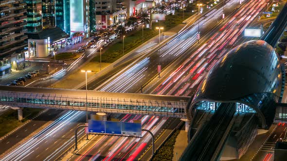 Metro Station with Traffic on the Highway Timelapse in Dubai UAE