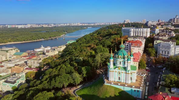 Aerial Drone Video Famous St. Andrews Church and Panorama of Kyiv, Ukraine