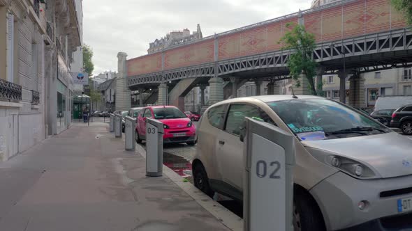 Electric car sharing service Autolib with vehicles charging, Paris