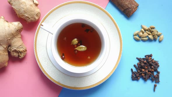 Top View of Herbal Tea and Ingredient on Table