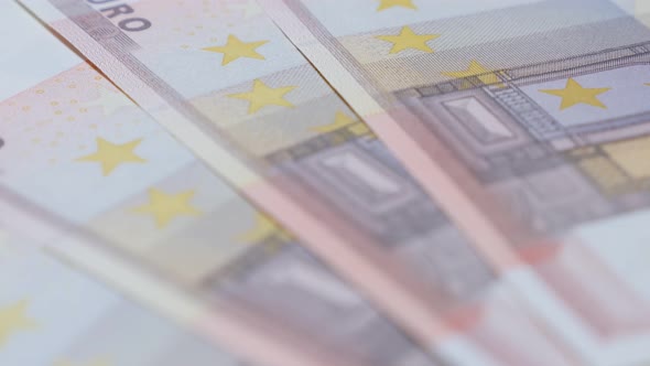 Fifty European Union  Euro bills in the row 4K 2160p 30fps UHD video - Lot of EU monetary union offi