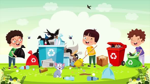 Little Children Cleaning And Recycling Garbage