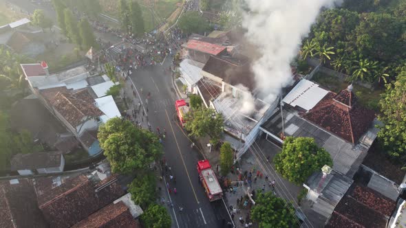Aerial view of house fires in densely populated settlements in Indonesia