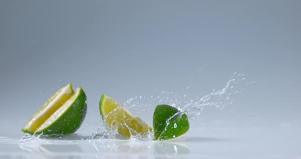 Green Lemons, citrus aurantifolia , Fruits falling on Water, Slow Motion 4K