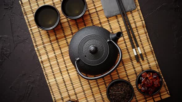 Asian Green Tea Set on Bamboo Mat