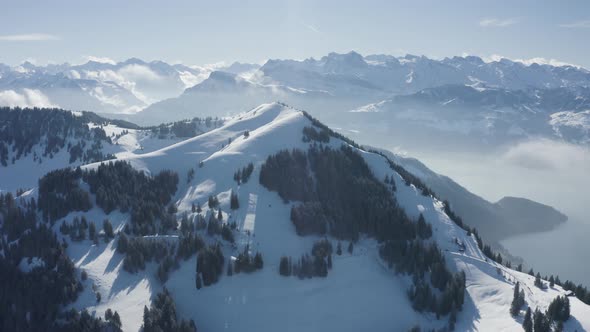 Aerial view of mountain peak in wintertime, Lucerne, Switzerland.