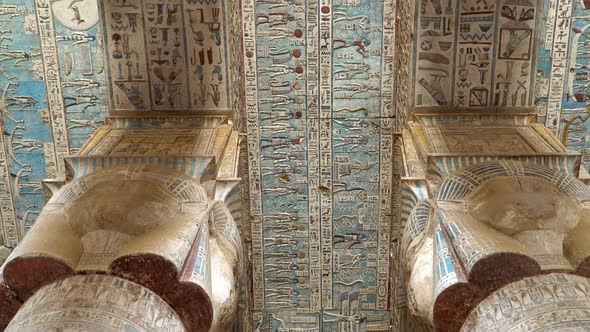 Interior of Dendera Temple or Temple of Hathor Egypt. 