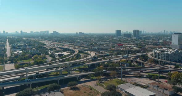 Establishing shot of I-45 North and South freeway near downtown Houston. This video was filmed in 4k