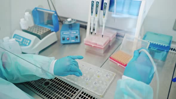 Hands in blue sterile gloves filling test tubes with liquid