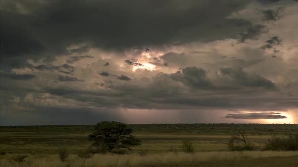 Dramatic Thunderstorm With Lightning Over Field In Mabuasehube, Kgalagadi Transfrontier Park In Bots