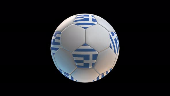 Soccer ball with flag Greece, on black background loop alpha alt