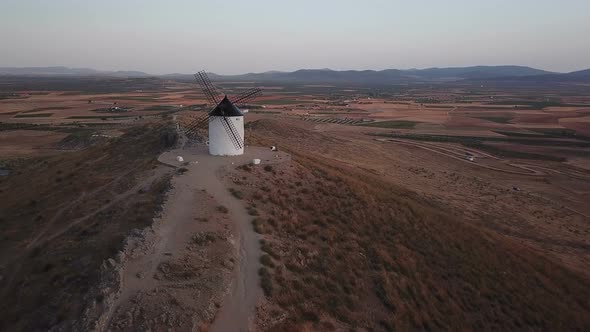Windmills on Hill at Sunset in Consuegra, Mancha, Spain