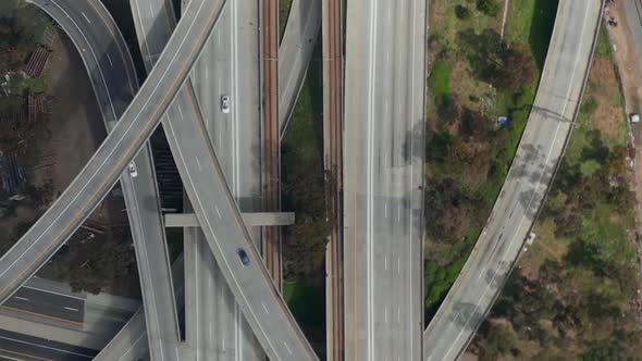 AERIAL: Spectacular Overhead Follow Shot of Judge Pregerson Highway Showing Multiple Roads, Bridges