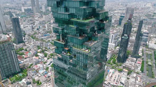 Aerial View of King Power Mahanakhon Tower in Sathorn Silom Central Business District of Bangkok