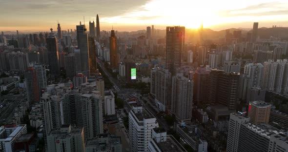 Aerial footage of landscape at sunset in shenzhen city, China