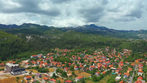 Aerial View on Panorama of Cetinje Village in Montenegro Mountains