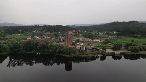 Monção, Medieval Tower of Lapela Aerial View. River Minho, Portugal View from Spain