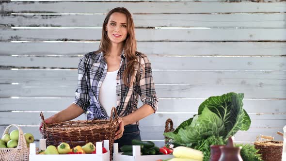 Farmer Female Holding Basket for Seasonal Vegetables Harvest