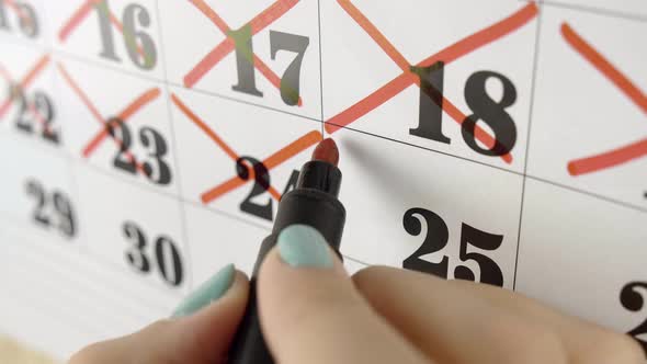 Female Hand Crosses with Red Marker the Calendar Day 25. Slow Motion Shot. Close Up