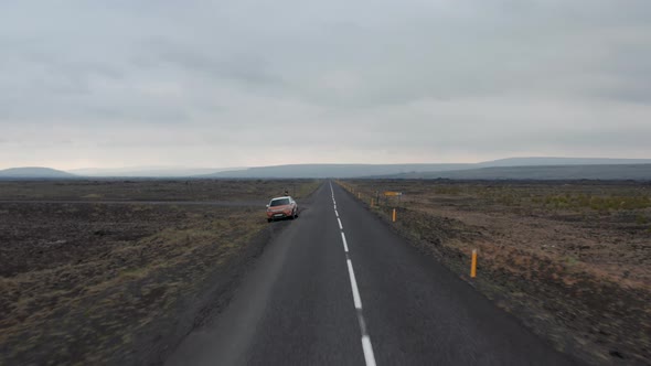 Drone View Car Stopped Along Ring Road National Road That Runs Around Iceland and Connects Most of