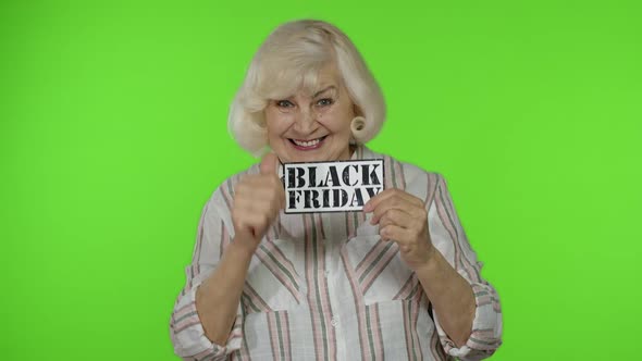 Great Discounts for Grandparents. Elderly Grandmother Woman Showing Black Friday Inscription Banner